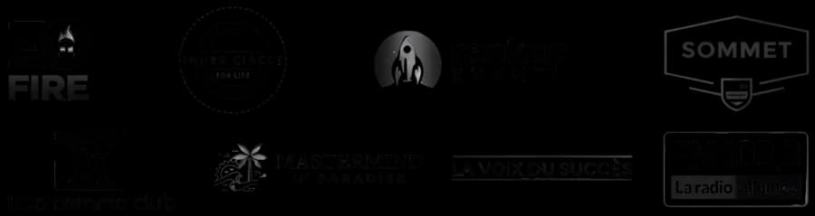 Logos des podcasts et événements où Dany a été invité : EO Fire, Inner Circle for Life, Rankup Event, L'Ultime Sommet de la Prospérité, Two Comma Club, Mastermind in Paradise, La Voix du Succès, FM 103,3