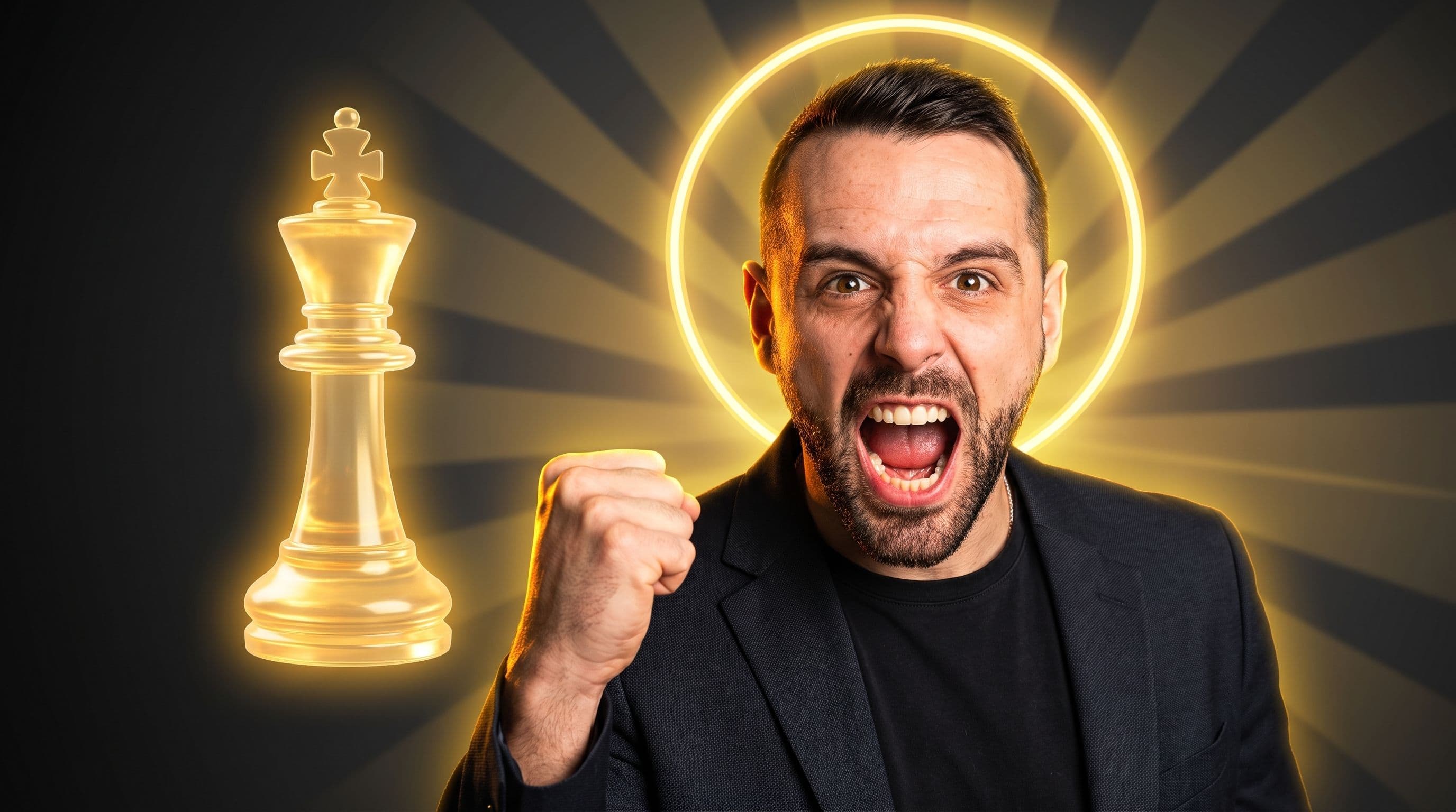 Dany shouting with intense wide eyes, positioned right-of-center against a dark charcoal-to-gray gradient background with golden crown of light behind his head, a glowing gold chess king piece to his left, warm amber rim lighting, conveying powerful personal growth and entrepreneurial mastery.
