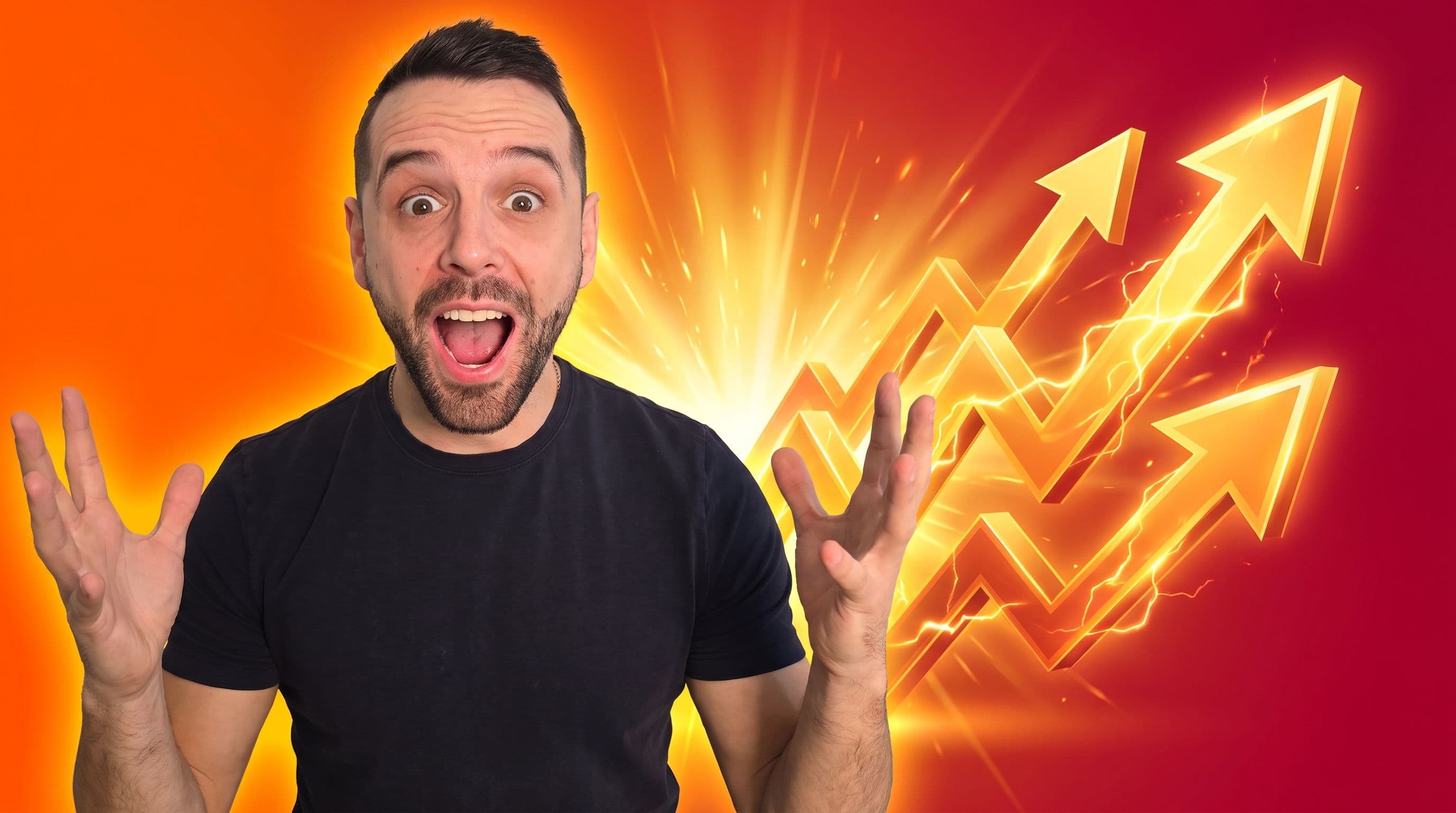 Dany, a caucasian man in his early thirties with short brown hair and a trimmed beard, positioned left-of-center with mouth wide open and eyes wildly wide in shock and excitement, hands raised in disbelief, against a fiery deep orange to crimson red gradient background, with a glowing golden rising chart with upward arrows surging behind him to the right, bathed in warm golden rim light and a golden light burst — high-energy viral YouTube thumbnail.