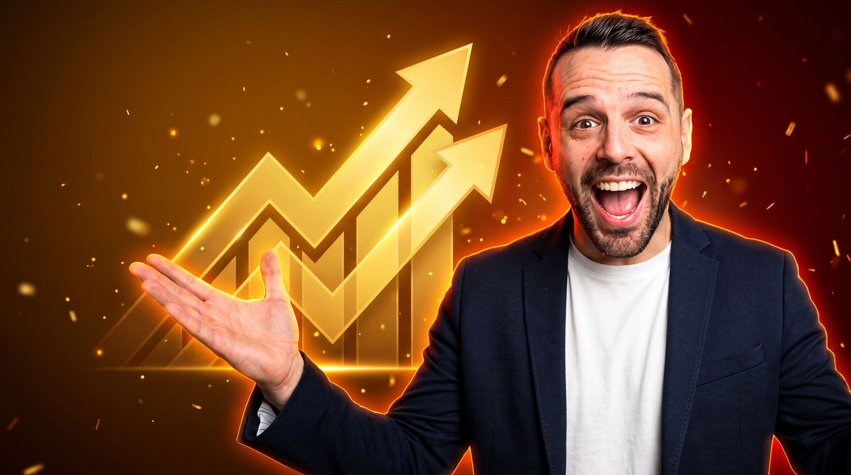 Dany, caucasian man in his early thirties with short brown hair and trimmed beard, mouth wide open in shock and excitement, wearing a dark blazer, positioned right-of-center against a rich amber-to-dark-red gradient background, with a glowing gold upward-trending chart behind him on the left and scattered gold particles throughout, lit by a warm orange rim light.