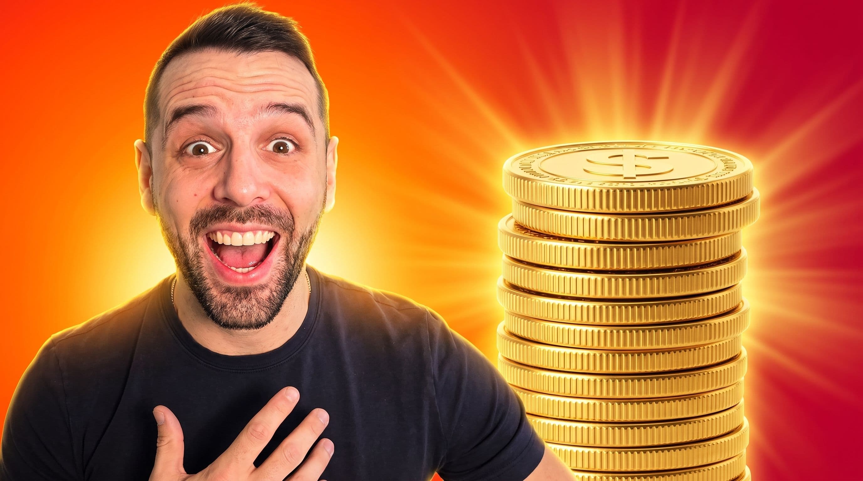 Dany, left-of-center, mouth wide open in shocked excitement, eyes wide, against a fiery orange-to-crimson gradient background, with a glowing photorealistic stack of gold coins on the right emitting a golden light burst, dramatic golden rim lighting wrapping around him — high-energy viral YouTube thumbnail, no text.
