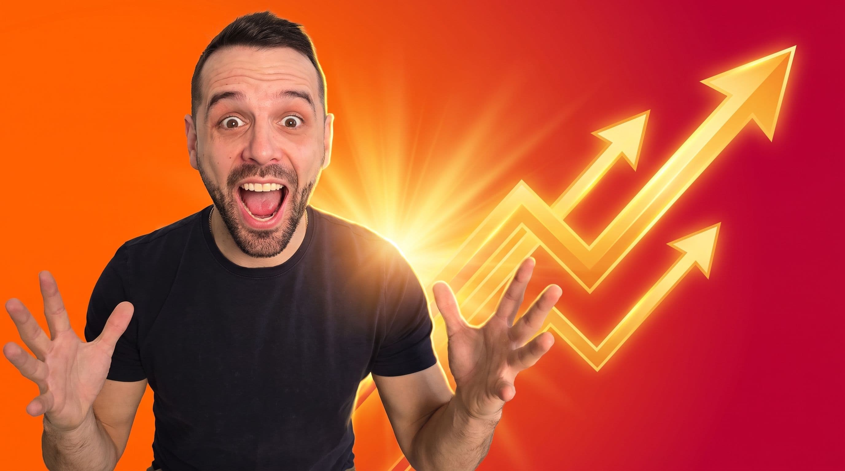 Dany, mouth wide open in shock and excitement, positioned left-of-center against a fiery orange-to-crimson gradient background, with a glowing golden rising chart and upward arrows on the right side, golden rim light and light burst creating a high-energy, prosperous viral YouTube thumbnail.