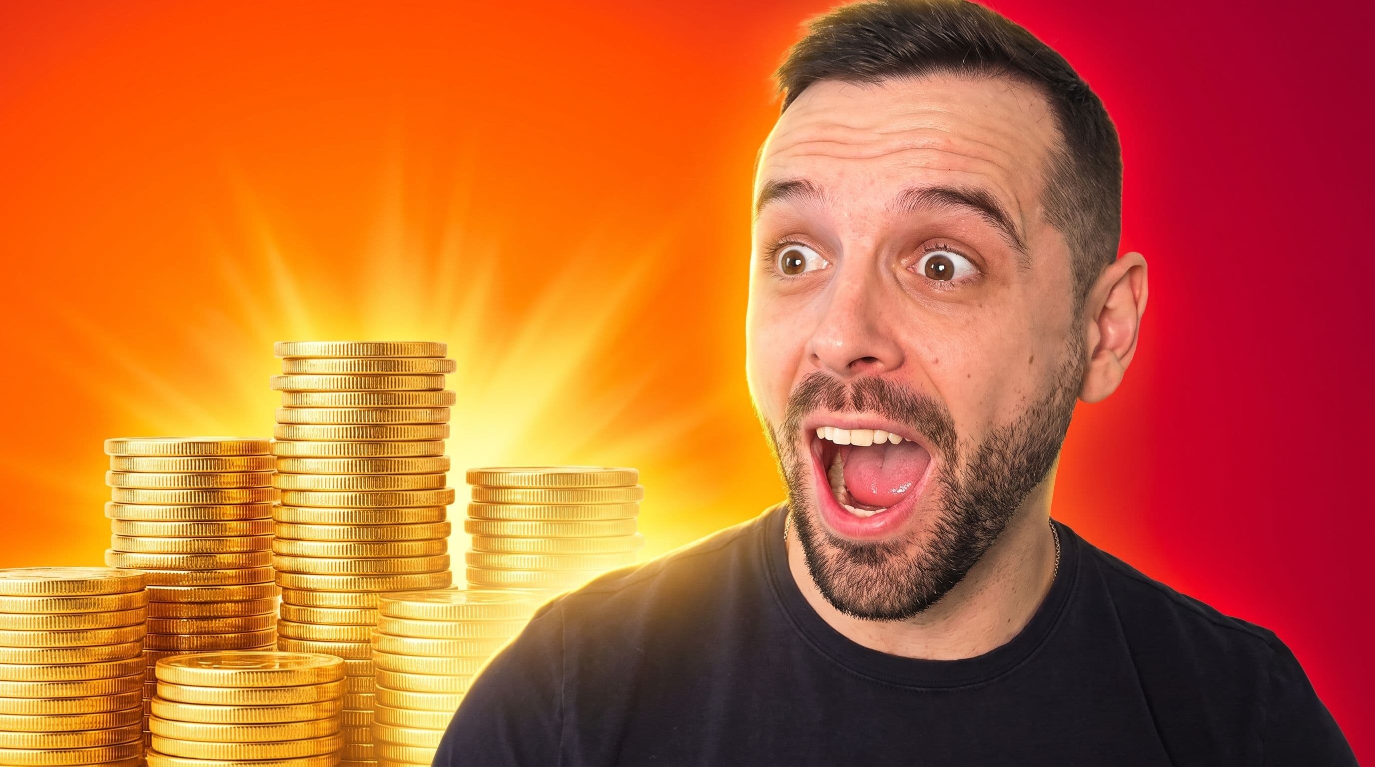 Viral YouTube thumbnail featuring Dany on the right side of the frame with mouth wide open in shock and excitement, eyes wide, against a fiery deep orange to crimson red gradient background, with glowing stacks of gold coins on the left radiating a warm golden light burst, golden rim light wrapping around him, high-energy and hyper-saturated style, no text.