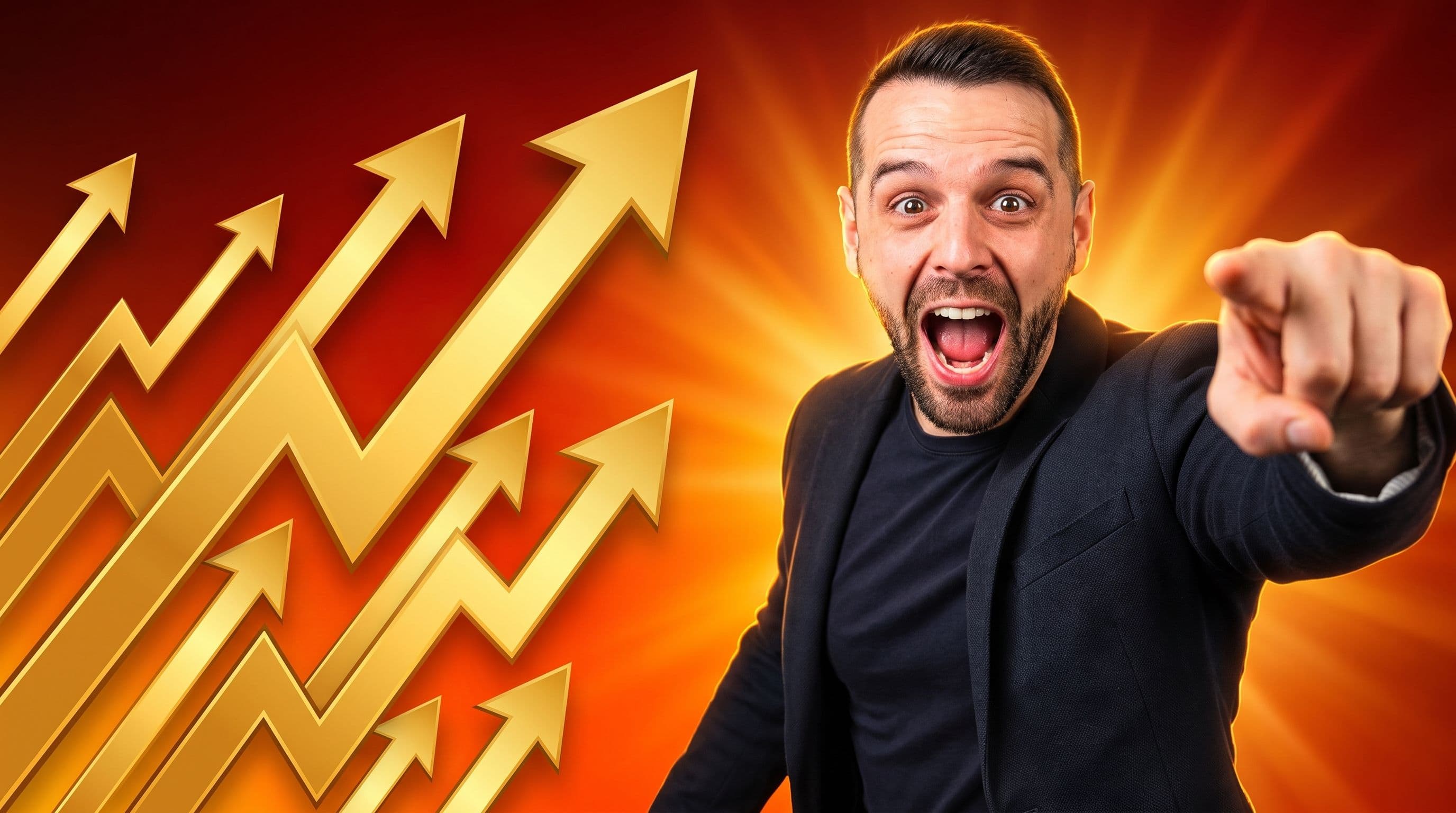 Viral YouTube thumbnail featuring Dany, a caucasian man in his early thirties with short brown hair and a trimmed beard, positioned right-of-center with a wide-open mouth expression of explosive excitement. He wears a dark blazer and points dramatically toward large golden upward-trending chart arrows on the left. The background is a fiery gradient from deep orange to crimson red, with a golden rim light and warm golden light burst radiating behind him.