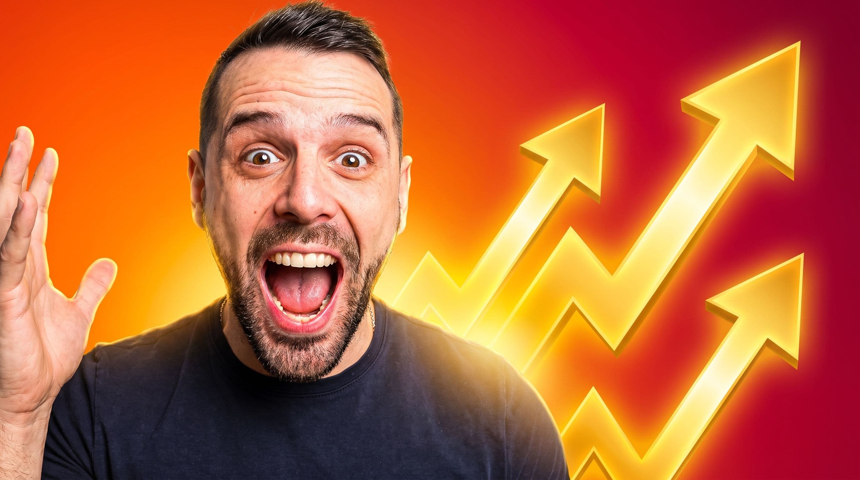 Viral YouTube thumbnail featuring Dany, a caucasian man in his early thirties with short brown hair and a trimmed beard, positioned left-of-center with mouth wide open in explosive excitement, against a fiery deep orange to crimson red gradient background, with dramatic golden upward-trending chart arrows bursting on the right side and a warm golden rim light framing his silhouette.