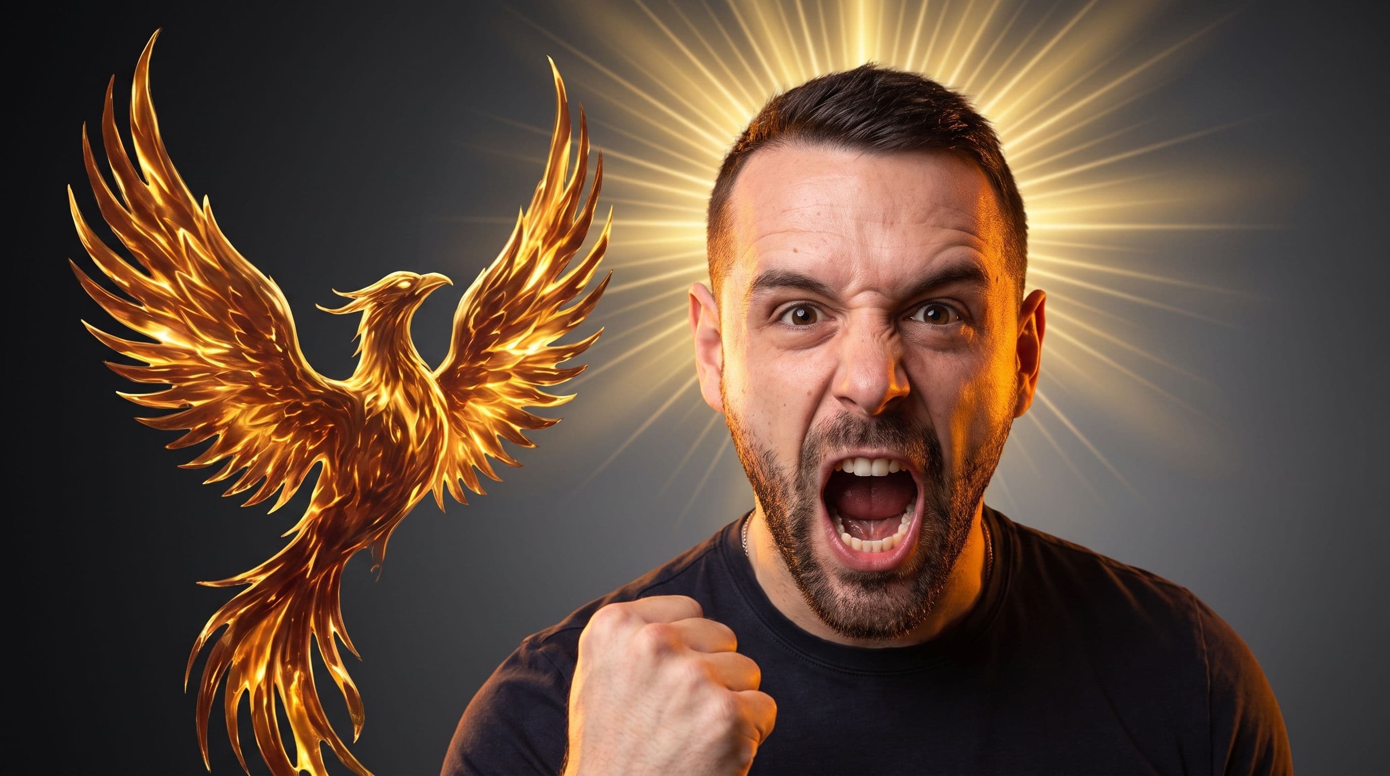 Viral YouTube thumbnail featuring Dany, a caucasian man in his early thirties with short brown hair and a short trimmed beard, positioned right-of-center with a fierce triumphant roar expression, mouth wide open and eyes blazing. He is set against a dramatic charcoal-to-deep-gray gradient background with golden highlights. A glowing amber golden crown of light radiates behind his head like a halo, and a large phoenix rising in molten gold and amber tones soars to his left. Warm amber rim lighting wraps around his jaw and shoulders, creating a powerful, unstoppable, champion-rising-from-ashes visual energy.